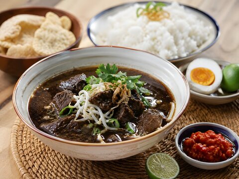 Delicious Indonesian rawon beef soup bowl.