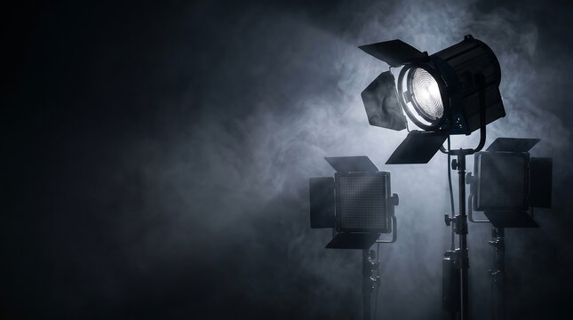 Powerful studio lights pierce through dense smoke on a dark stage, creating a dramatic and atmospheric scene perfect for filmmaking, photography, or live event production