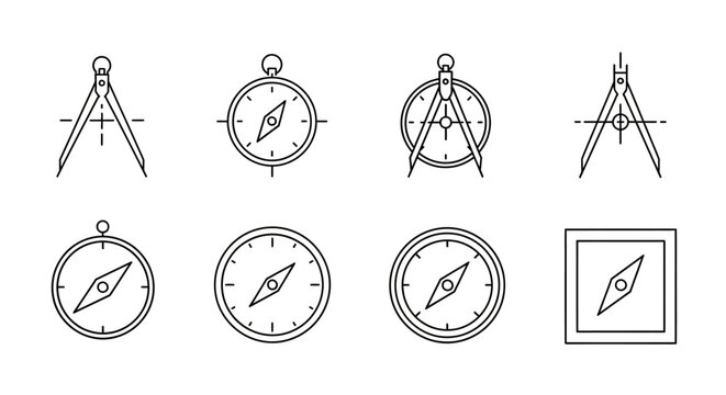 Set of minimalist compass and drafting divider icons in black line art