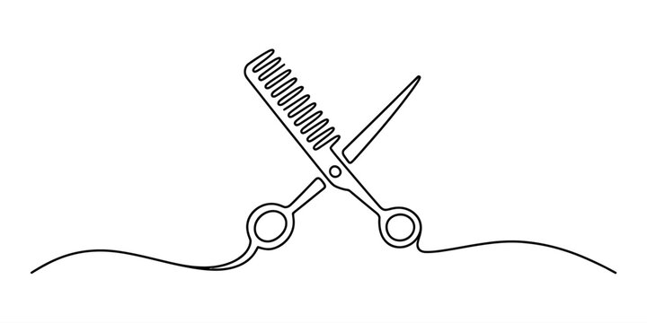 Continuous single line drawing of professional barber scissors and hair comb crossed together for a hair salon logo design concept in a simple minimalist style Vector, illustration
