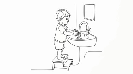Fototapeta premium Line art illustration of a young boy washing his hands at a bathroom sink.