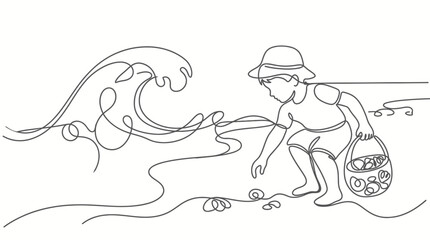 Obraz premium One line drawing of a child collecting seashells on the beach.