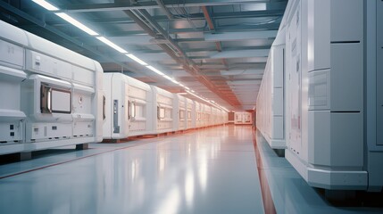 Obraz premium Futuristic white cryogenic pods lining a long, illuminated hallway, creating a sense of scientific exploration, advanced technology, and modern research in a clean environment