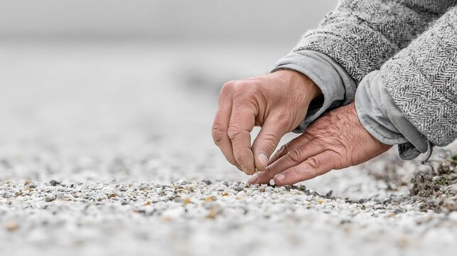 小石の混じった土に小さな種を置く指先。グレーのニットを着た人物による繊細な植え付け作業。新しい生命の始まりを象徴するマクロ写真