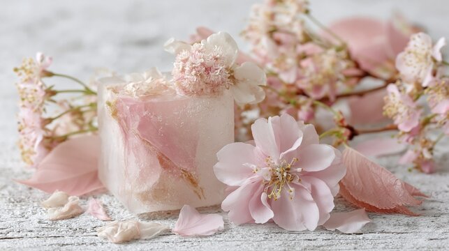 白い木製背景に置かれた桜の花を閉じ込めた氷塊。春の儚さと保存をテーマにした繊細な静物