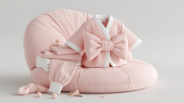 大きなリボンが付いたピンクの子供用ローブ。丸いクッションに置かれた折り畳み衣類。パステルカラーのベビー用品