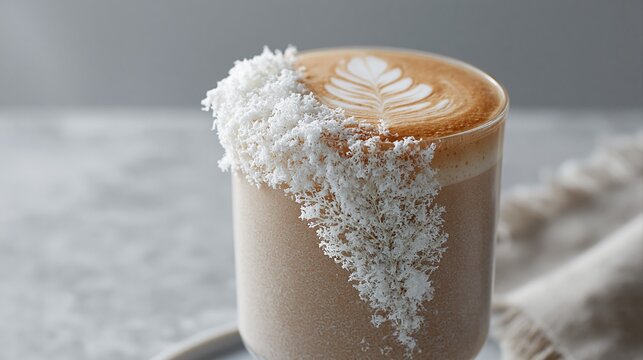 グラスの縁に白い装飾を施した創作ラテアート。雪や霜のような質感の飾りとコーヒーの調和。独創的なカフェ飲料の演出
