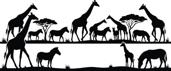 Black silhouettes of giraffes, horses, and trees on white background, savannah wildlife scene © Graphic Shops