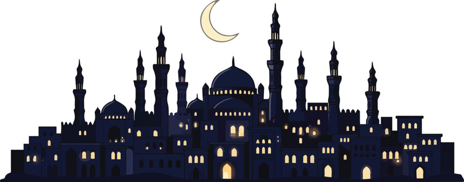 Isolated on Night ancient Arabic city vector art on white background