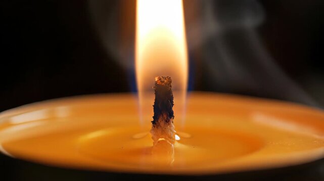 Macro Close Up of Single Burning Candle Wick and Bright Orange Flame Melting Yellow Wax