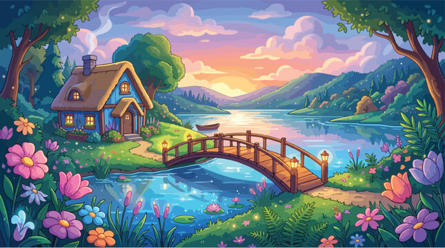 Whimsical cottage, serene landscape, colorful flowers, peaceful bridge, sunset scenery