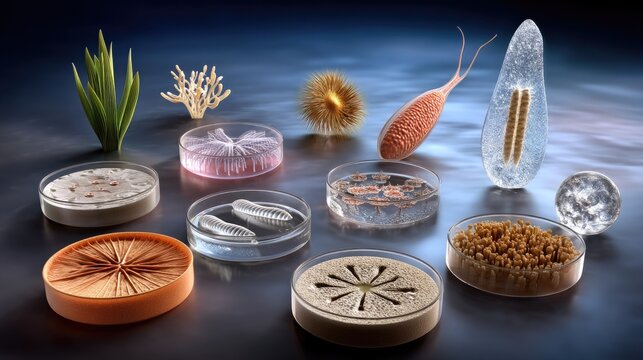 Microscopic Life Forms in Petri Dishes Showcase of Diverse Biological Structures and Microorganisms