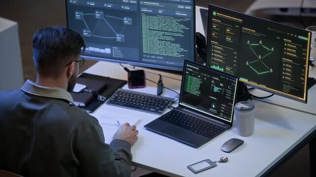 High angle view of male Caucasian tech specialist programming codes and monitoring server status on computers in cybersecurity office