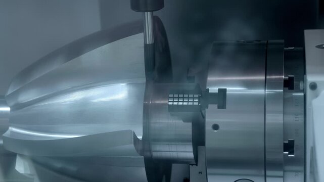 In demo mode, a shiny metal part is installed in the milling machine and the cutter carefully moves along the surface. Closeup