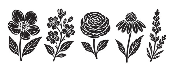 Fototapeta premium Flower floral vector with linocut art design and illustration vintage stamp. Leaf nature pattern with black flower print and icon texture botanical. Logo graphic flower with garden woodcut