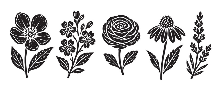 Flower floral vector with linocut art design and illustration vintage stamp. Leaf nature pattern with black flower print and icon texture botanical. Logo graphic flower with garden woodcut