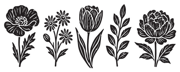 Fototapeta premium Flower illustration floral with linocut art vector for vintage design black. Stamp pattern nature with flower graphic woodcut for texture garden print. Logo plant flower with drawing linocut