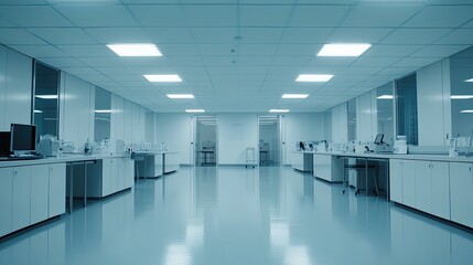 Fototapeta premium Cleanroom environment featuring multiple workstations with medical equipment and computers, providing a controlled setting for advanced scientific research and pharmaceutical development