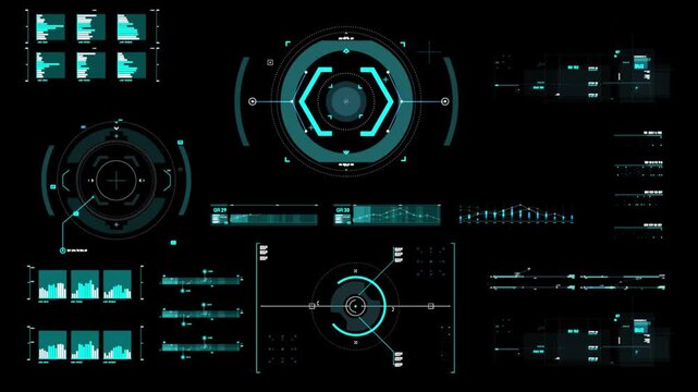 Futuristic hud interface with digital data charts, graphs, and circular target elements on a black background