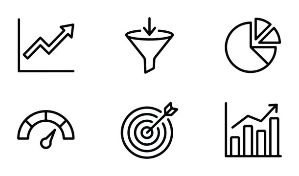 Business Analytics Icons: Growth Chart, Funnel, Pie Chart, Speedometer, Target, Bar Graph, Vector Set for Data Visualization and Strategy