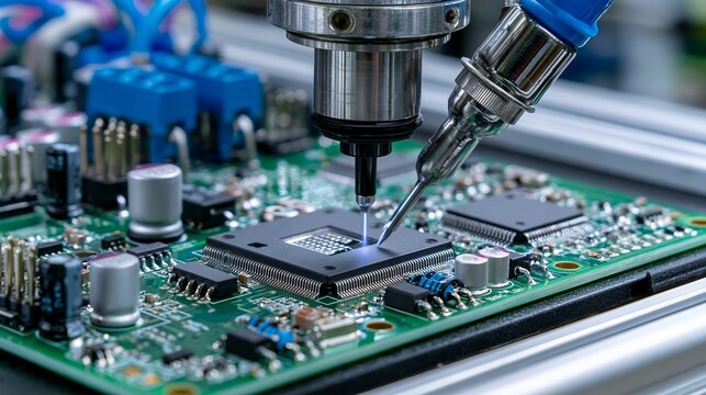 A robotic arm's needle precisely inscribes a circuit onto a green printed circuit board in a high-tech manufacturing environment.