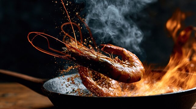 Crevettes grill&eacute;es dans une po&ecirc;le avec flammes et fum&eacute;e de cuisson