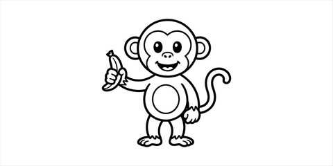 Cute cartoon monkey holding a banana for kids coloring page black and white line art illustration of a happy jungle animal character for school activity Vector, illustration © Vector Art Gallery 