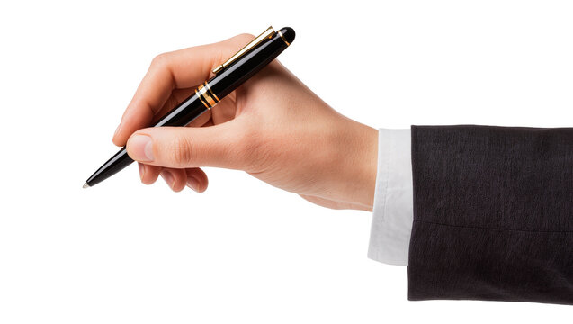 Isolated human hand in business suit holding elegant luxury fountain pen ready to write
