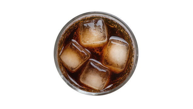 Isolated glass of refreshing cola drink with ice cubes, bubbly soda beverage, top view