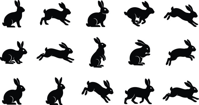 Black silhouettes of rabbits in various poses, running and jumping on white background