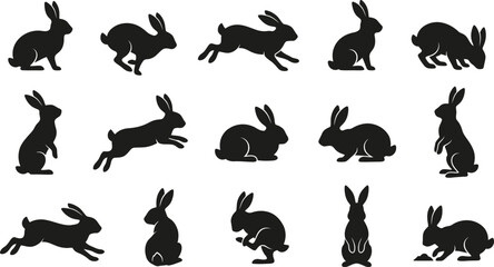 Fototapeta premium Black silhouettes of rabbits in various poses, running and sitting, on white background