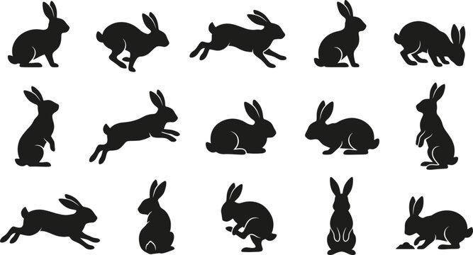 Black silhouettes of rabbits in various poses, running and sitting, on white background