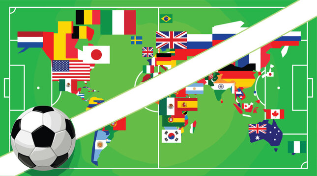 Global Soccer Tournament Concept with World Map Flags Football Field and Soccer Ball Illustration Background