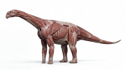 Fototapeta premium Muscular anatomical reconstruction of Vulcanodon karibaensis in side view on a white background, highlighting soft tissue, muscle structure, and realistic body mass over skeleton.