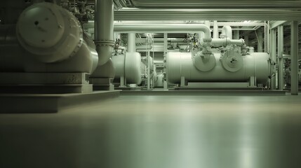 Fototapeta premium Industrial plant with numerous interconnected pipelines, production machinery, and complex infrastructure components, conveying fluids and gases within a modern manufacturing facility