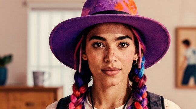 Person with purple hat and rainbow braids smiles, showing vibrant hair color and style. Confident look celebrates individuality and self expression. Fashionable youth culture trend.