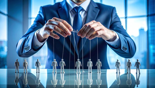 Powerful businessman manipulating miniature people like puppets on strings. A conceptual image for management control, leadership authority, and dynamic strategic corporate influence.