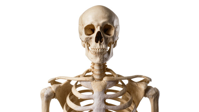 Isolated human skeleton upper body showing skull, rib cage, and bones for medical anatomy study