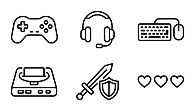 Gaming Icons Set: Controller, Headset, Keyboard, Console, Sword & Shield, Health Hearts, Vector Graphics for Digital Entertainment and Esports