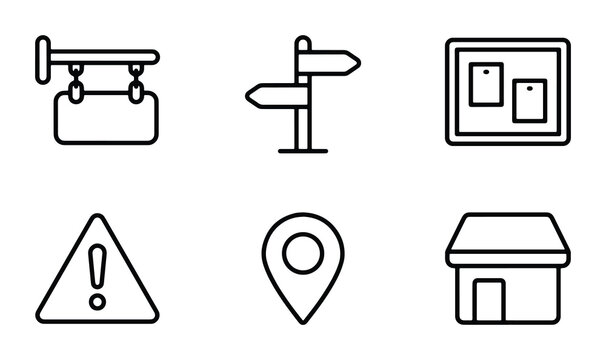 Location Icons Set, Navigation Signs, Map Pointers, Business Place Markers, Information Boards, Warning Symbols, Vector Graphics