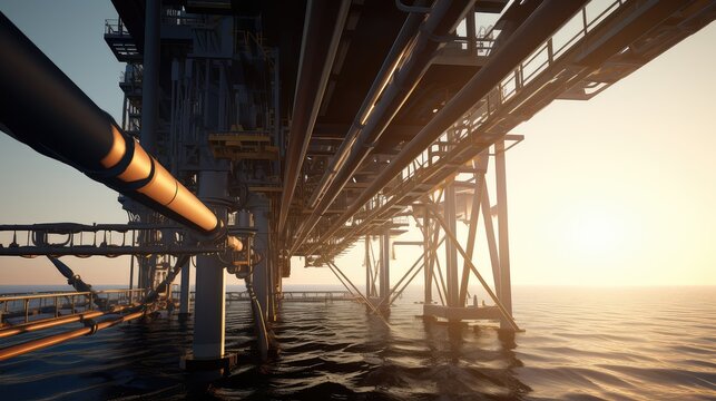 Offshore drilling platform operating on the open ocean, extracting natural gas and petroleum resources during a vibrant sunset, highlighting global energy production infrastructure