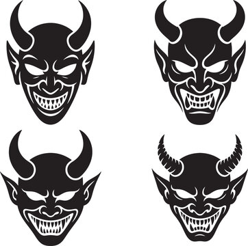 Collection of devil faces with horns and sharp teeth isolated on white background