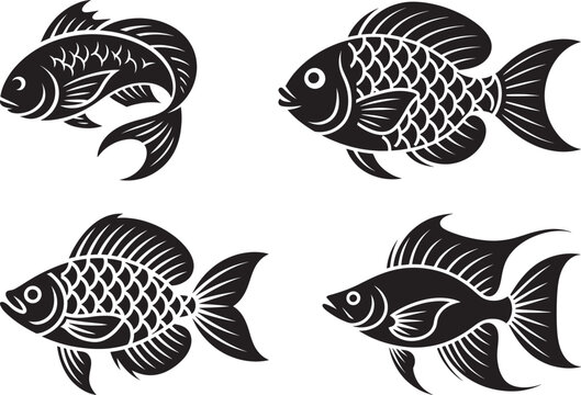 Four black and white fish illustrations with different scales and fins isolated on white background