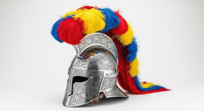 A detailed steel morion helmet with vibrant decorative plumes, featuring ornate engravings, polished metal surfaces, and historical artistry, shiny, morion, battle