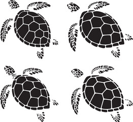 Obraz premium Four black sea turtles on a white background in various swimming positions