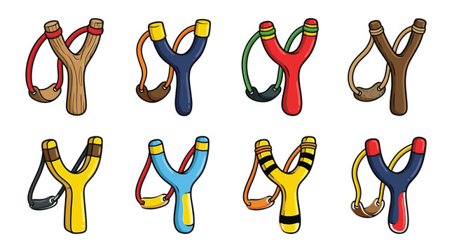 Colorful Slingshot Illustration Set with Wooden Catapult Toys and Cartoon Outdoor Hunting Designs.