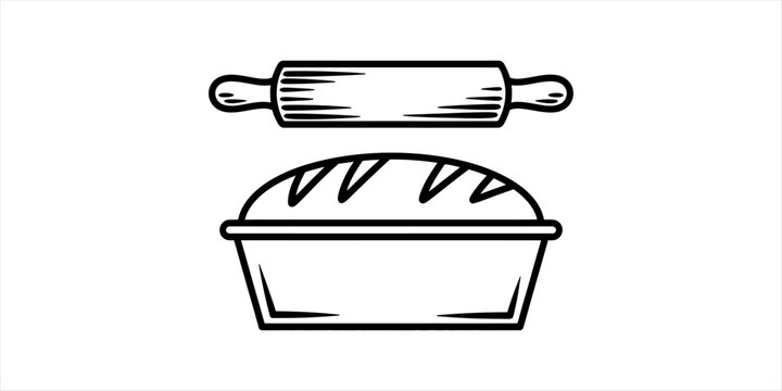 Black and white line art illustration of a loaf of bread in a baking pan with a wooden rolling pin above it perfect for bakery logo and cooking design Vector, illustration