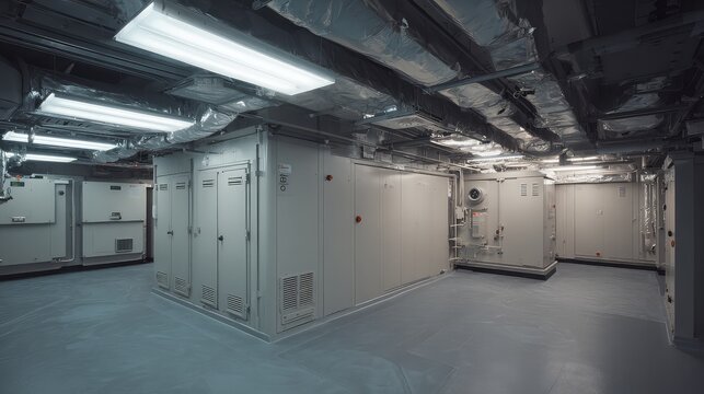 Industrial facility utility room featuring large electrical cabinets, control systems, and complex ventilation ducts on the ceiling, emphasizing technology and infrastructure