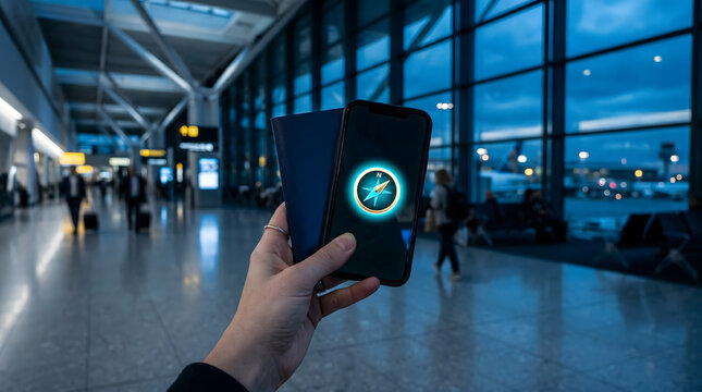 Travel planning concept with hand holding passport and smartphone with glowing compass at airport.