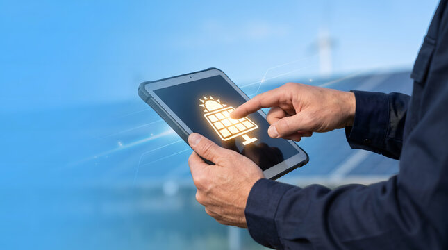 Sustainable energy concept with technician using tablet and glowing solar panel icon in blue light.